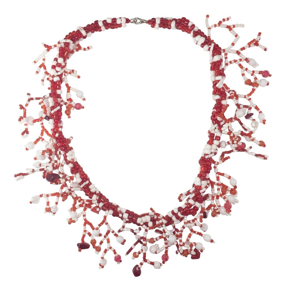 Red White Crazy Drop Random Seed Bead Necklace